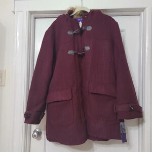Madden Girl Women's Textured Toggle Coat Faux Fur Hood Merlot 3X NWT Plus Size